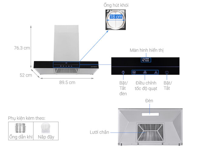 Máy hút mùi Junger H90 được thiết kế tỉ mỉ, sang trọng, công suất hút lớn.