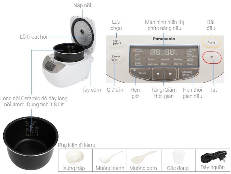 Nồi cơm điện tử Panasonic SR-CX188SRA có nhiều chức năng nấu tự động và tiện dụng cho các chị em nội trợ.