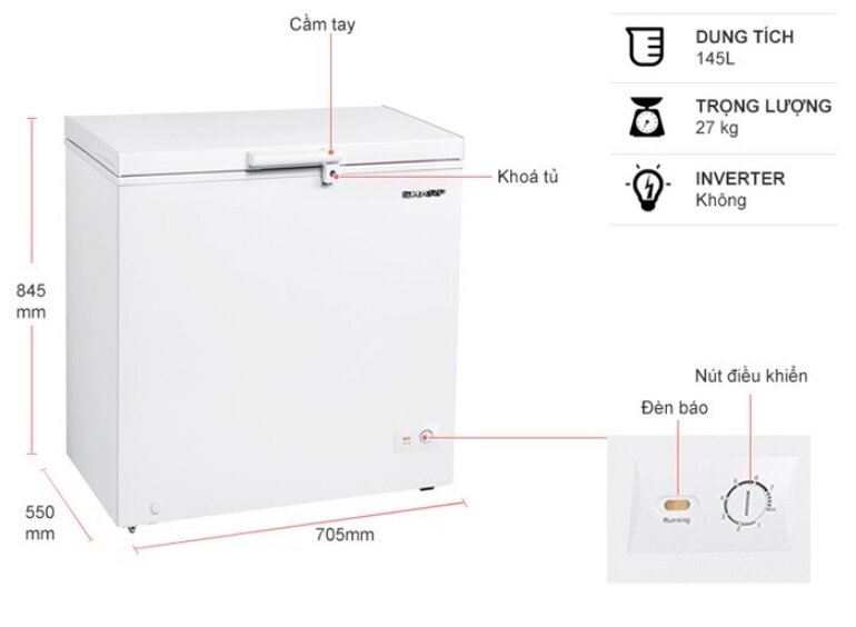Dung tích tủ đông Sharp FJ-C145V-WH phù hợp nhu cầu sử dụng của gia đình hoặc có buôn bán nhỏ lẻ