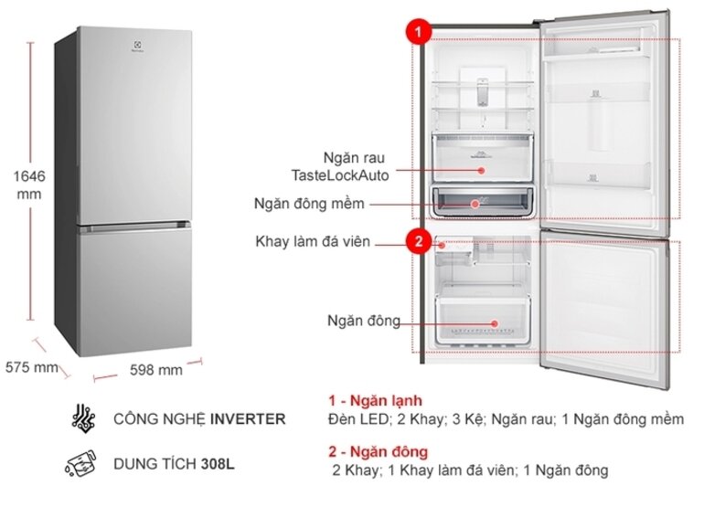 Tủ lạnh Electrolux 250l EBB2802H-H Inverter và Electrolux EBB2802H-A là tủ lạnh ngăn đá dưới
