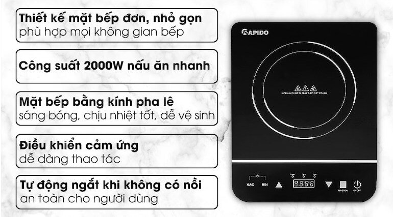 Bếp từ Rapido RI2000ES có thiết kế mặt bếp đơn, nhỏ gọn thích hợp với mọi không gian căn bếp.