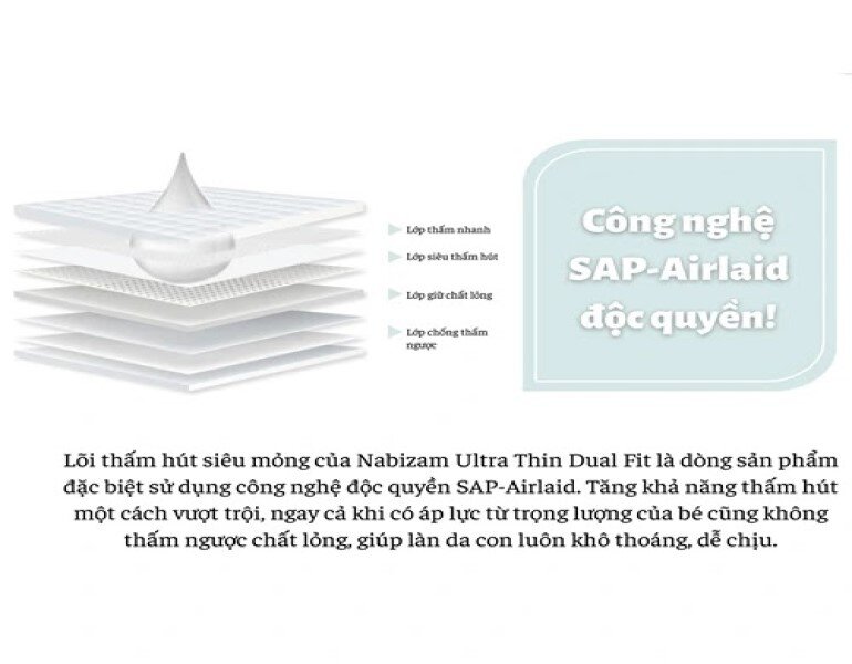 Công nghệ SAP Airlaid độc quyền có khả năng thấm hút tốt.