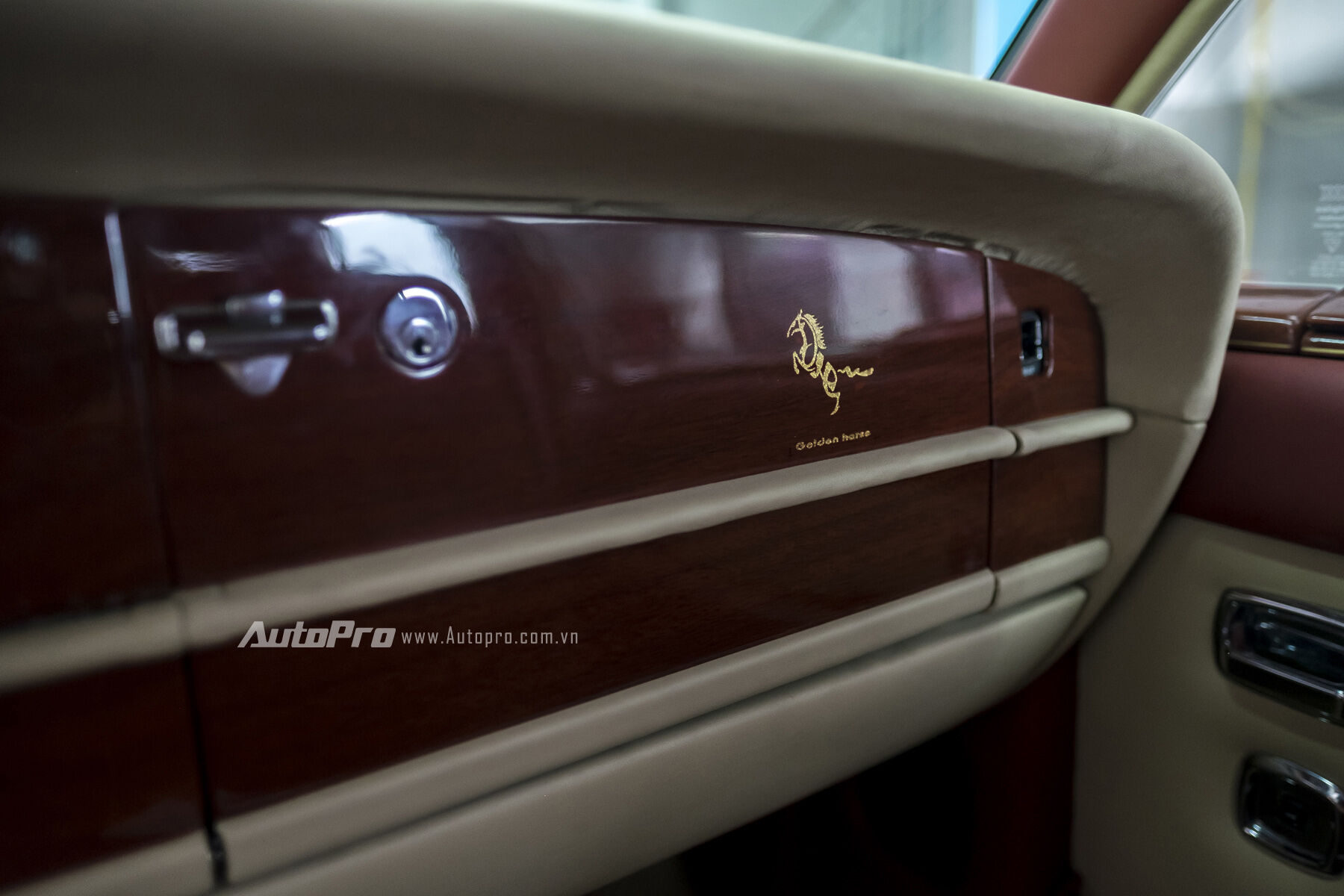  Biểu tượng con ngựa cùng cái tên Golden Horse được chủ xe ưu ái mạ vàng lên mặt táp-lô của xe tạo ra dấu ấn riêng như những chiếc Rolls-Royce được cá nhân hoá theo dạng Bespoke. 