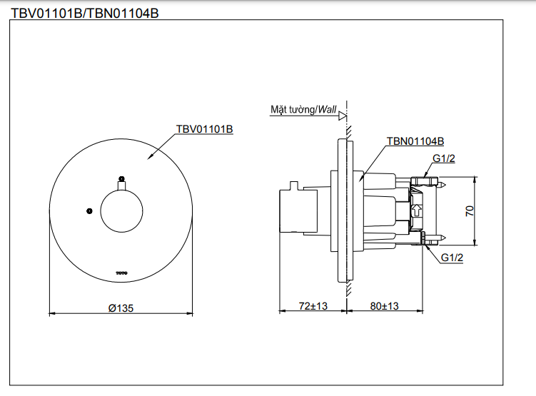 Bản vẽ kỹ thuật của sen vòi TOTO TBV01101B/TBN01104B