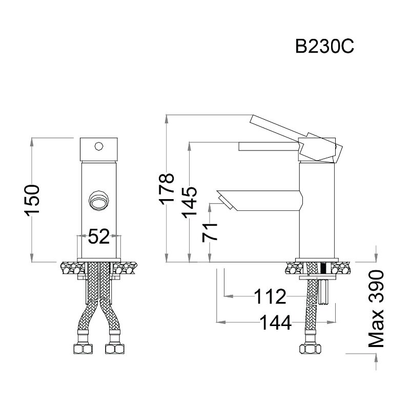 Bản vẽ kỹ thuật vòi chậu lavabo CAESAR BT230CU nóng lạnh xả nhấn