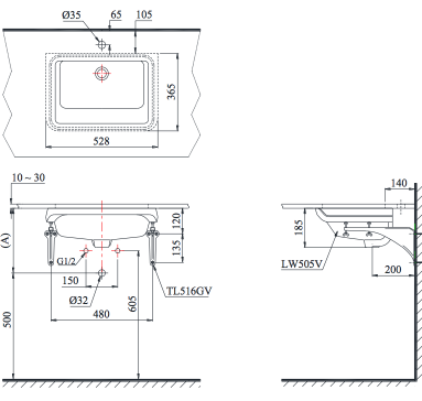 Bản vẽ kỹ thuật của lavabo TOTO âm bàn LT505T