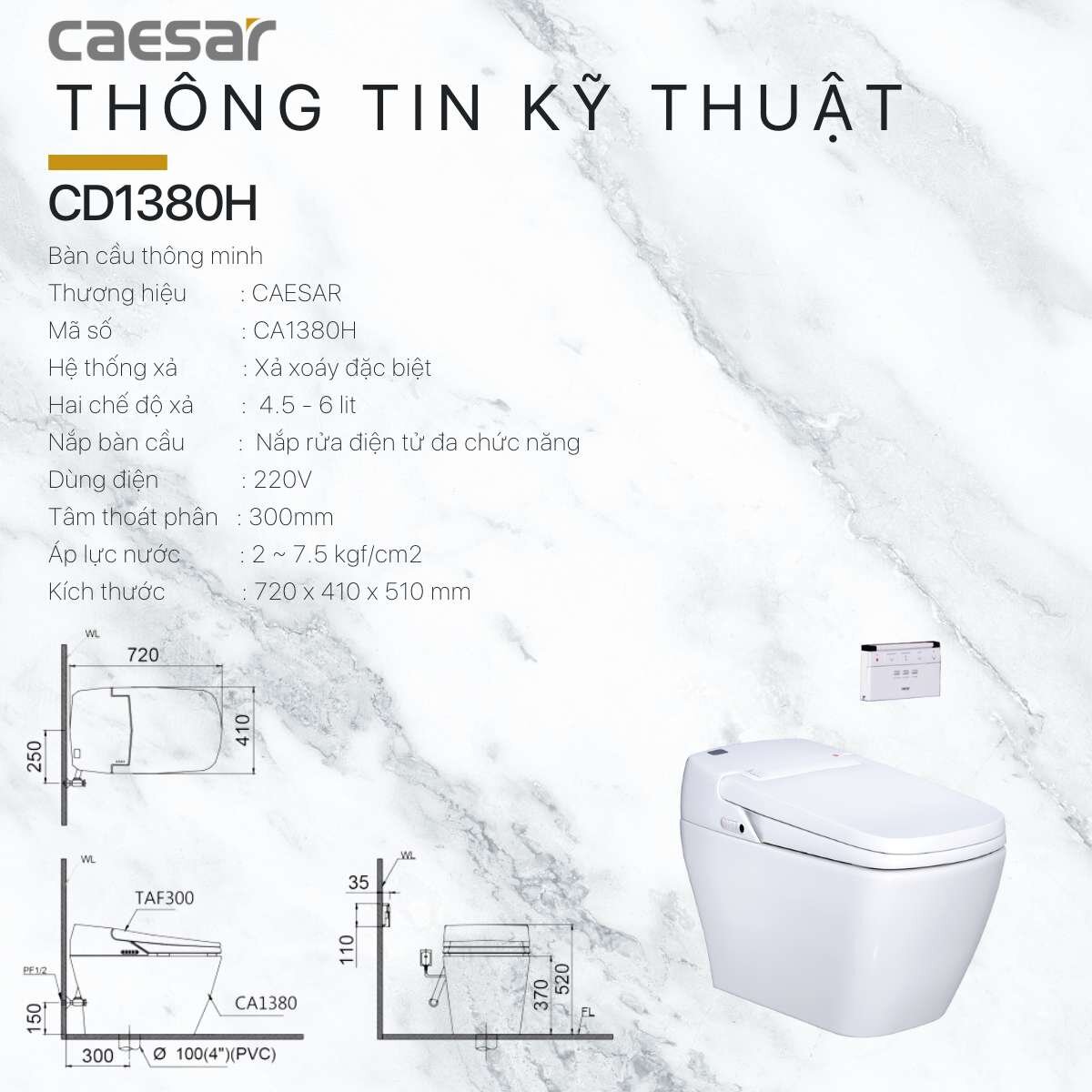 Bồn cầu điện tử thông minh CAESAR CA1380H