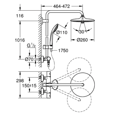 Bản vẽ kỹ thuật vòi sen cây ổn nhiệt thông minh GROHE 27296002