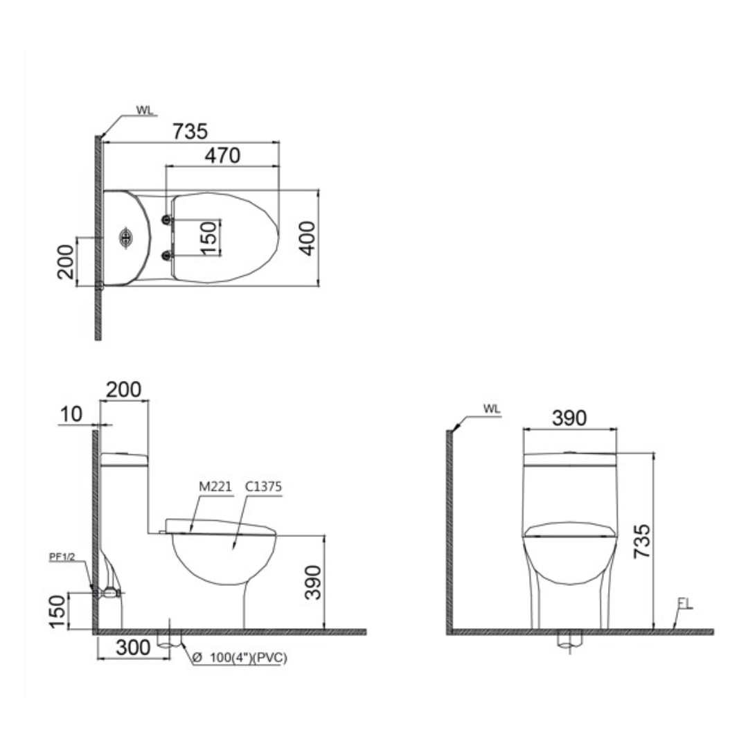 Bản vẽ kỹ thuật bồn cầu 1 khối CAESAR nắp rửa cơ CD1375+TAF050