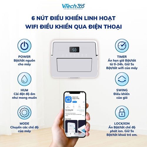 Máy hút ẩm VTech365 VT-HA350-W có khả năng điều khiển bằng điện thoại