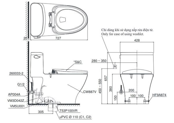 Bản vẽ kỹ thuật Bồn cầu 1 khối nắp êm Toto MS887RE2 Bồn cầu 1 khối Toto MS887RE2