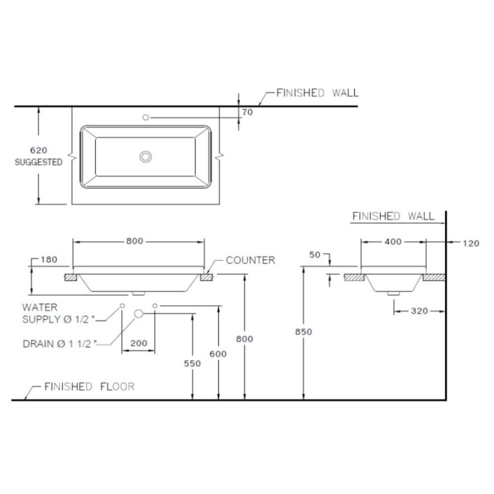 Bản vẽ kỹ thuật chậu rửa mặt lavabo COTTO đặt bàn C001027