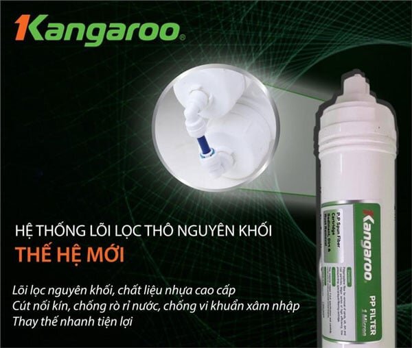 Kangaroo Hydrogen 2 vòi KG100HK được tích hợp hệ thống 10 lõi lọc tiên tiến trong đó lõi lọc thô là lõi lọc thế hệ mới giảm rò rỉ hiệu quả