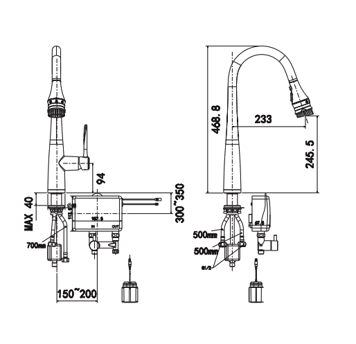 Bản vẽ kỹ thuật vòi bếp cảm ứng với đầu phun American Standard WF-5644
