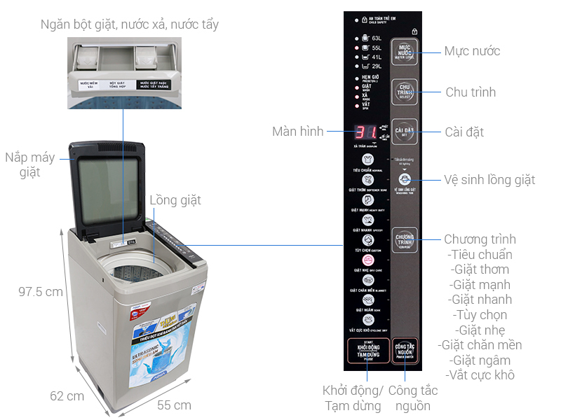 Máy giặt Aqua 8.5 kg AQW-U850BT S Máy giặt Aqua 8.5 kg AQW-U850BT S