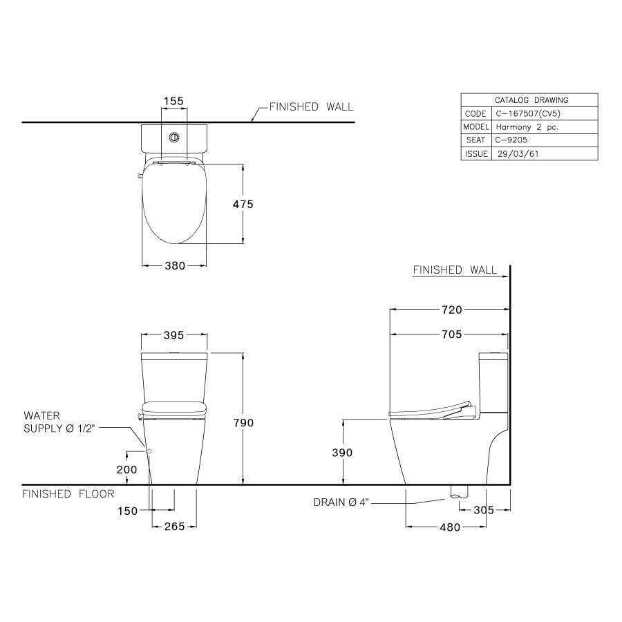 Bản vẽ kỹ thuật bồn cầu 2 khối COTTO nắp điện tử C167507(CV5)