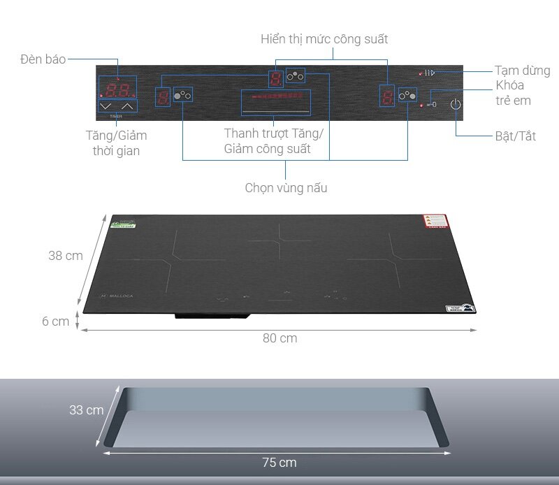Bảng điều khiển cảm ứng dạng trượt của bếp từ âm 3 vùng nấu Malloca MH-03IS 