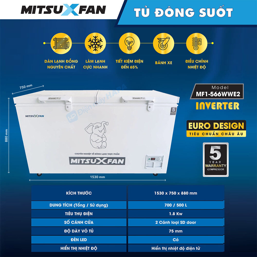 Tủ đông Mitsuxfan inverter 1 ngăn 700 lít MF1-566WWE2