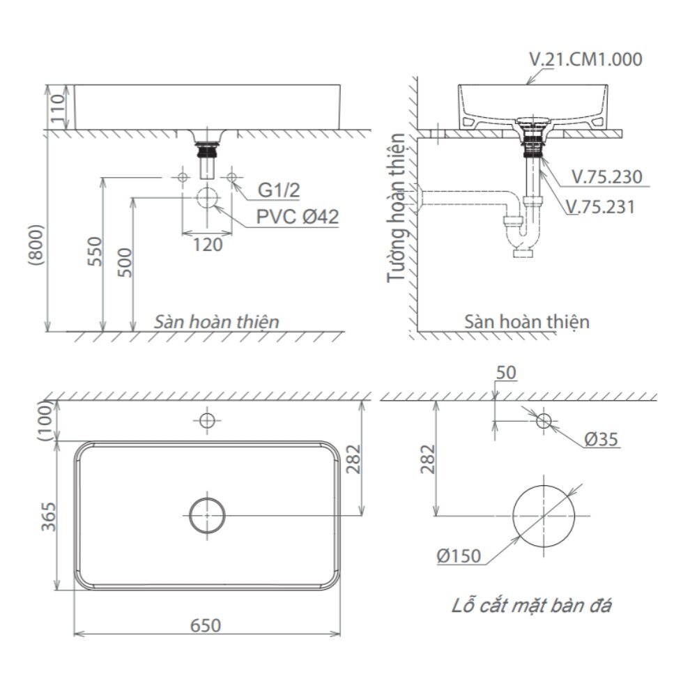 Bản vẽ kỹ thuật chậu lavabo đặt bàn Viglacera CM01