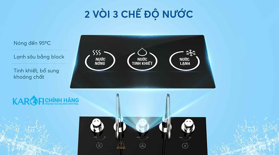 Máy lọc nước nóng lạnh Karofi KAD-I55 thiết kế 2 vòi và 3 chế độ nước