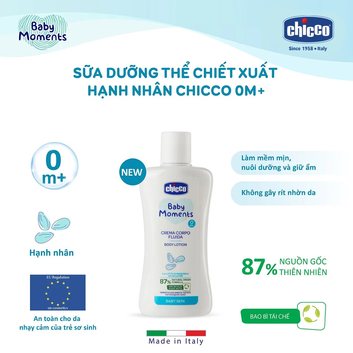 Đặc điểm sữa dưỡng thể chiết xuất Hạnh nhân Chicco 200ml