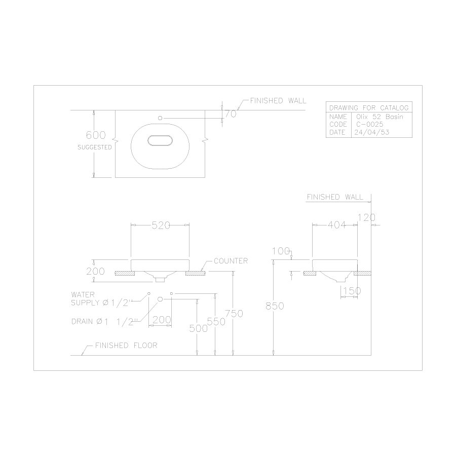 Bản vẽ kỹ thuật chậu rửa mặt lavabo đặt bàn COTTO C00257