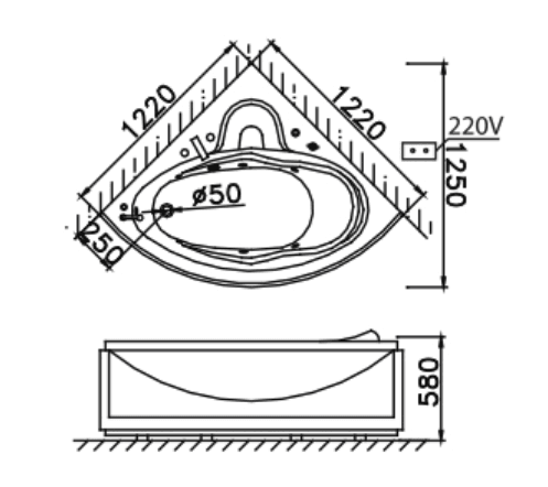 Bản Vẽ Kỹ Thuật Bồn Tắm Góc Không Chân Không Yếm AT5120A
