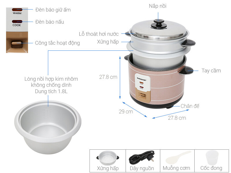 Nồi cơm nắp rời Sunhouse 1.8 lít SHD8125