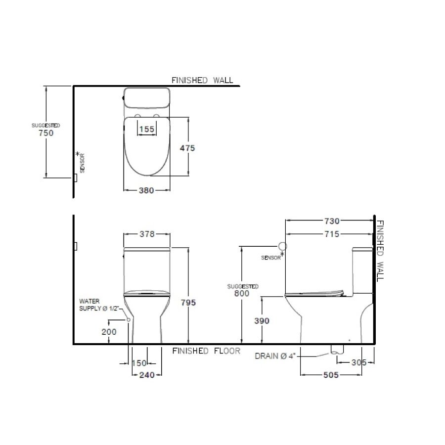 Bản vẽ kỹ thuật bồn cầu 2 khối COTTO xả không chạm C126227