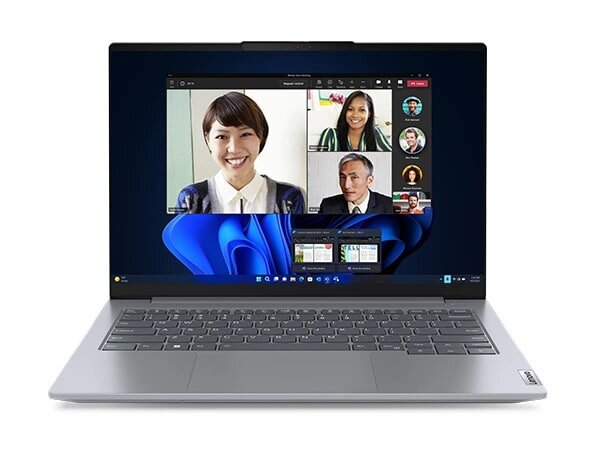 Máy tính xách tay ThinkBook 14 Gen 6 (14″ Intel)—mặt trước, nắp mở, có chức năng hội nghị truyền hình trên màn hình