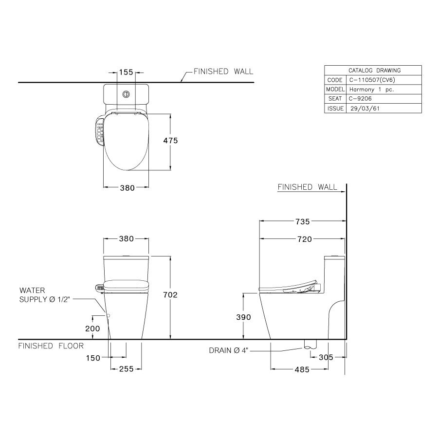 Bản vẽ kỹ thuật bồn cầu 2 khối COTTO nắp điện tử C167507(CV6)