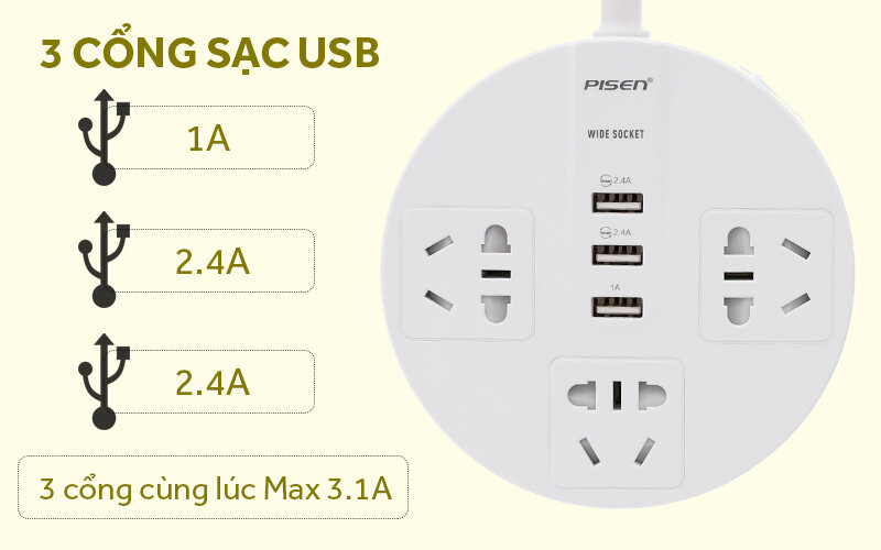 Ổ cắm điện 3 lỗ 3 USB 1.8m Pisen KY-33 Trắng Ổ cắm điện 3 lỗ 3 USB 1.8m Pisen KY-33 Trắng