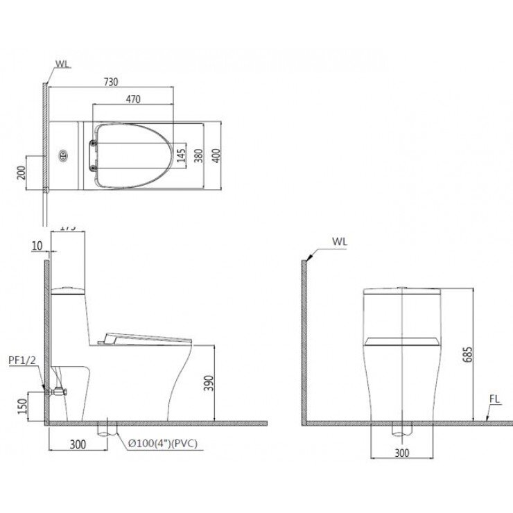 Bản vẽ kỹ thuật bồn cầu Caesar 1 khối C1356 