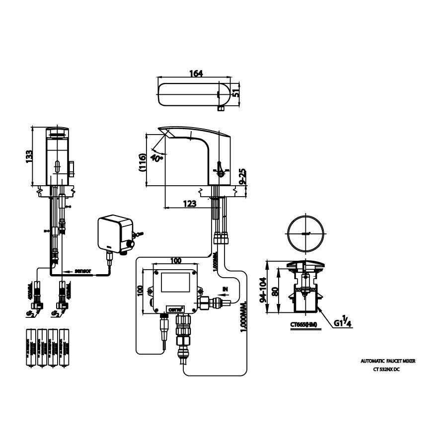 Bản vẽ kỹ thuật vòi lavabo cảm ứng COTTO dùng pin CT532NXDC