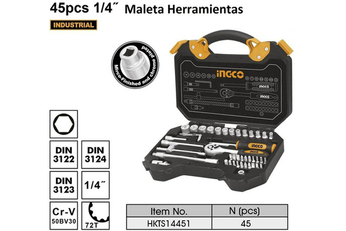 Bộ 45 đầu tuýp 1/4 in và cần 2 chiều INGCO HKTS14451