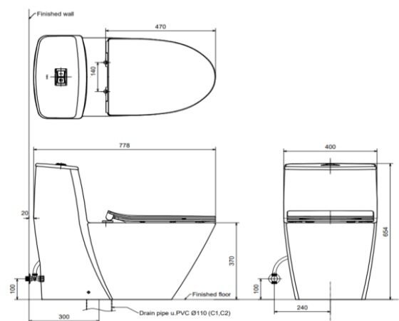 Bản vẽ kỹ thuật bồn cầu INAX AC-991R+CW-KB22AVN 1 khối, nắp điện tử