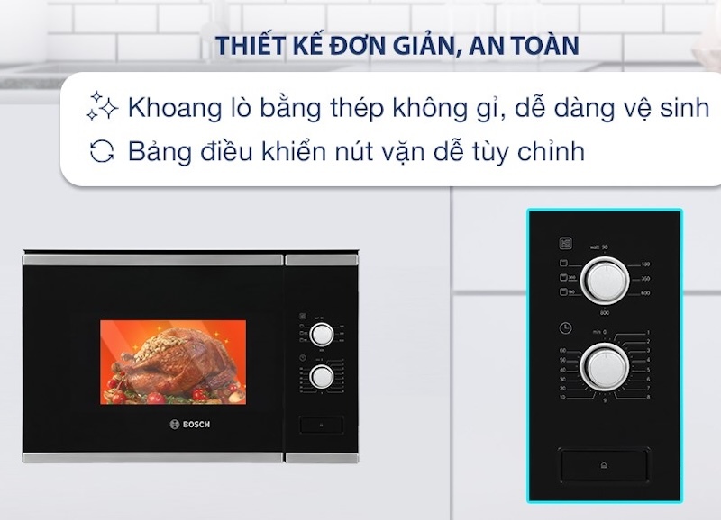 Lò vi sóng âm tủ Bosch BEL520MS0K được trang bị đầy đủ các chức năng chính như rã đông, hâm, nấu và nướng