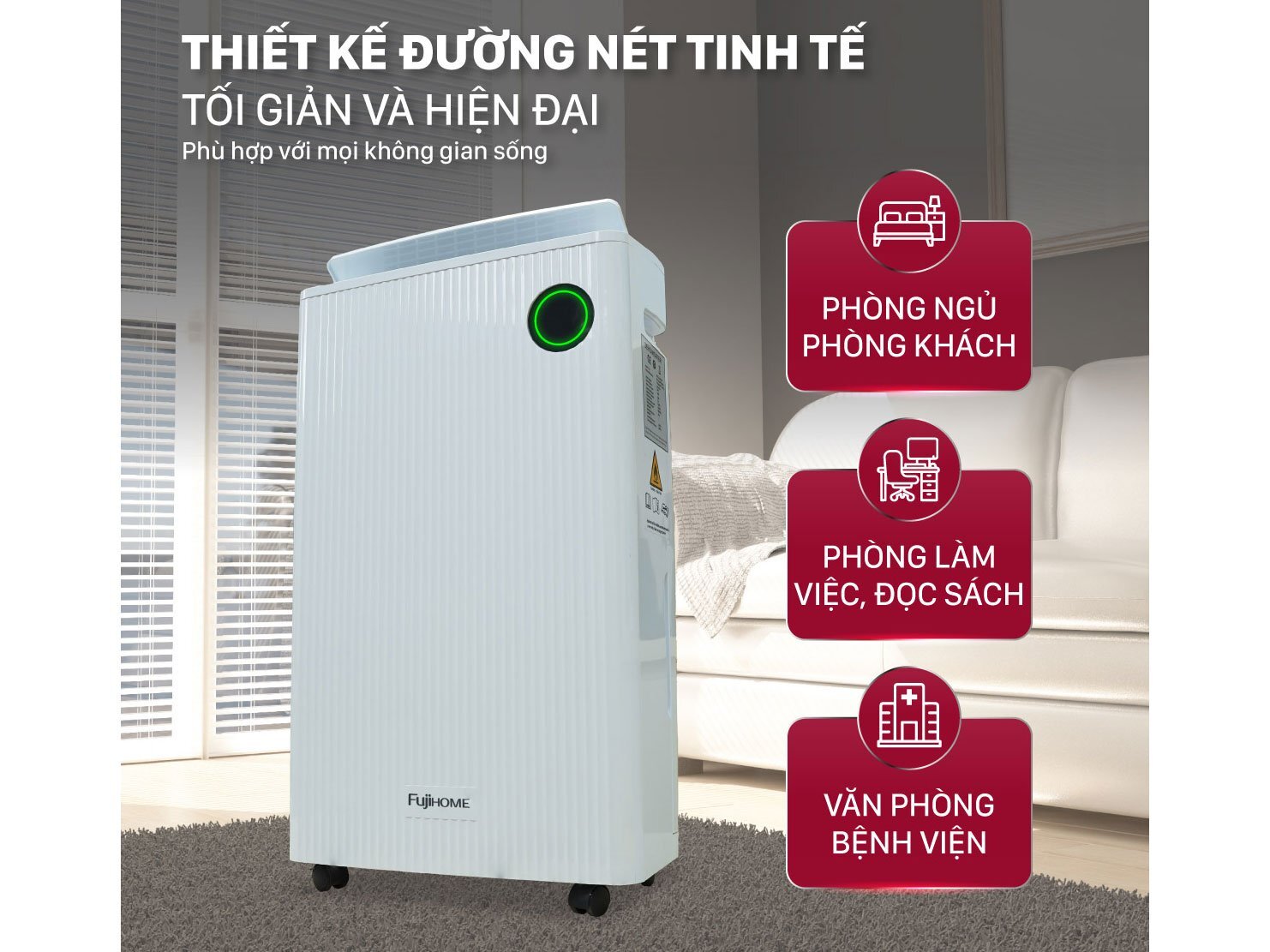 Máy hút ẩm dân dụng Fujihome DH25W-HEPA-NEW được thiết kế theo phong cách tối giản nhưng không kém phần hiện đại