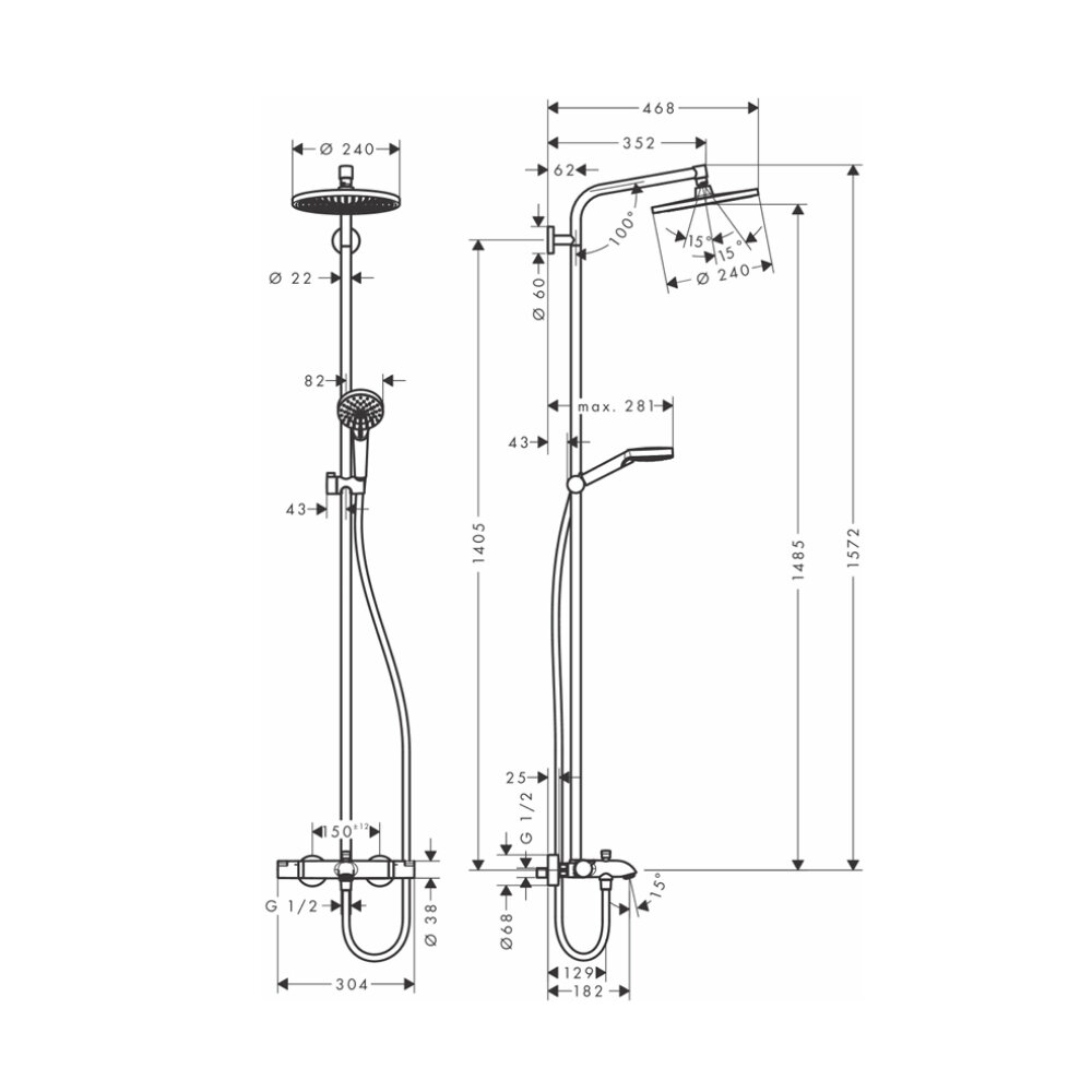 Bản vẽ kỹ thuật của sen cây nhiệt độ Crometta S 240 Hansgrohe 27320000