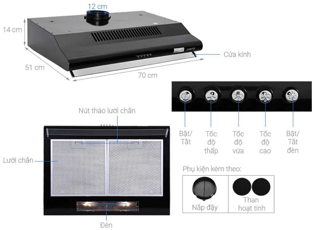 Các bộ phận của máy hút mùi Pramie CL9B-700 
