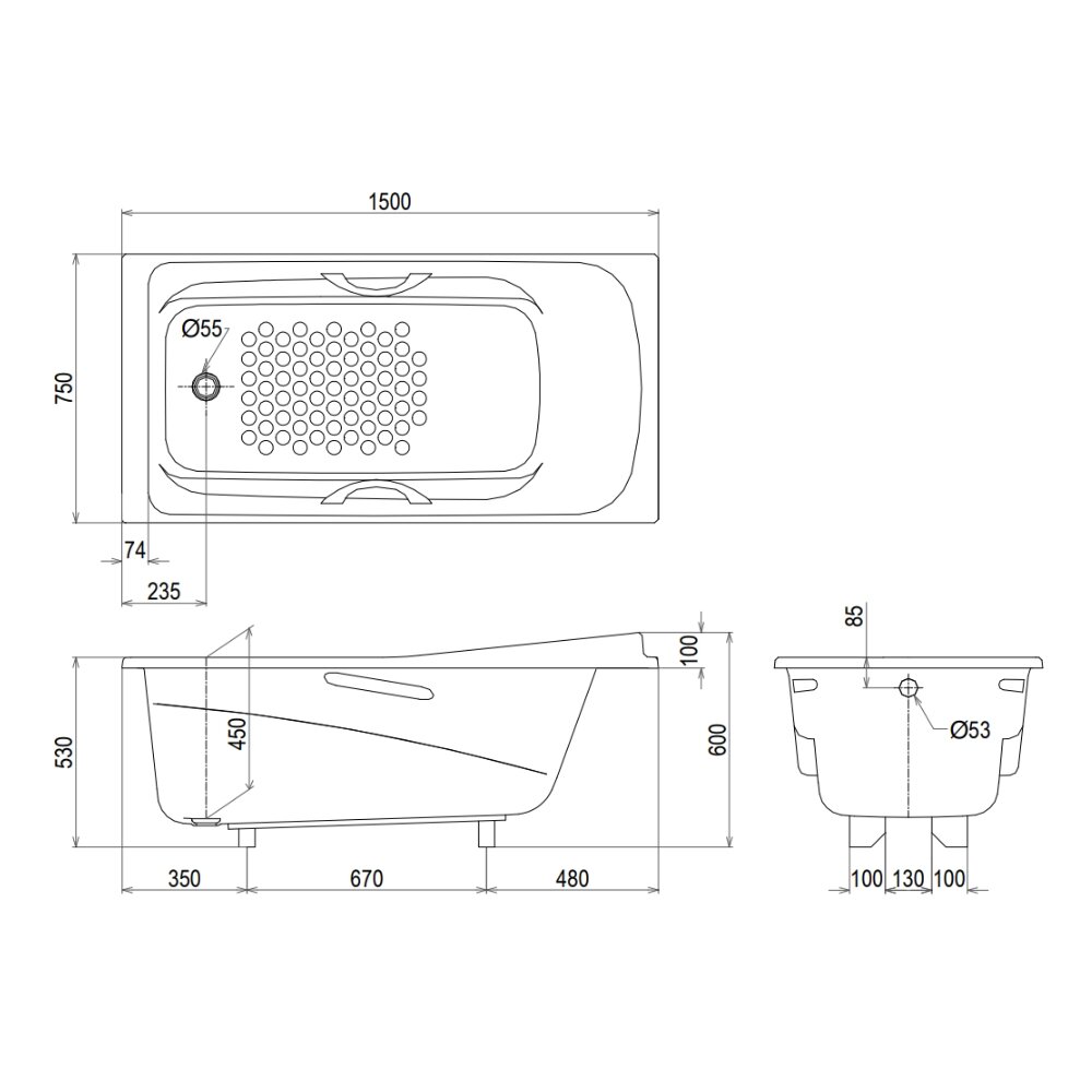 Bản vẽ kỹ thuật bồn tắm TOTO PPY1560PE#P ngọc trai 1m5