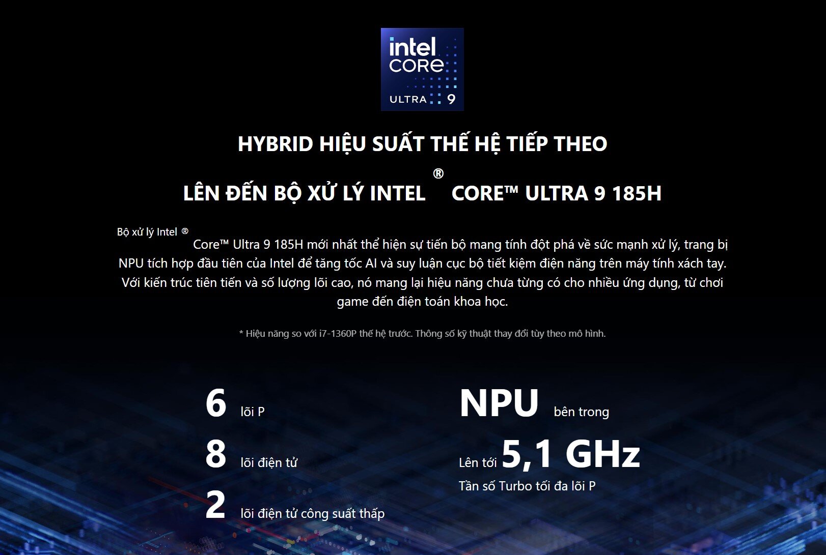 Bộ xử lý Intel ® Core™ Ultra 9 185H mới nhất thể hiện sự tiến bộ mang tính đột phá về sức mạnh xử lý, trang bị NPU tích hợp đầu tiên của Intel để tăng tốc AI và suy luận cục bộ tiết kiệm điện năng trên máy tính xách tay. Với kiến ​​trúc tiên tiến và số lượng lõi cao, nó mang lại hiệu năng chưa từng có cho nhiều ứng dụng, từ chơi game đến điện toán khoa học.