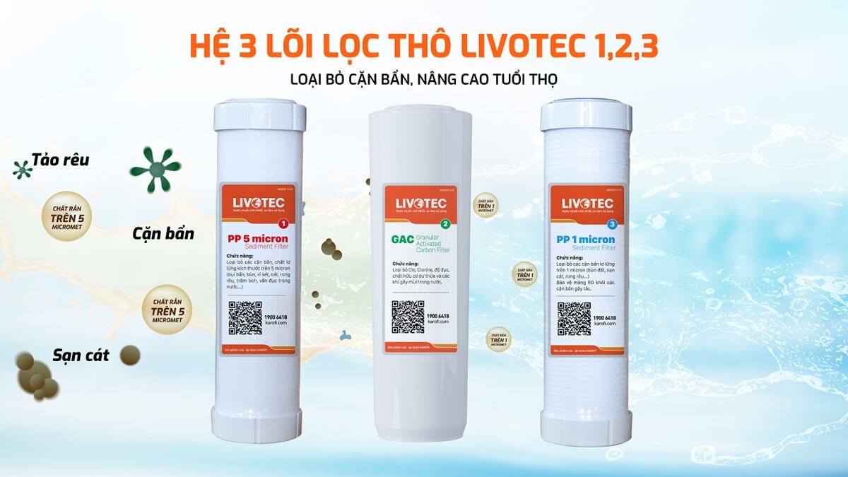 Lõi lọc thô Livotec 1,2,3 củ máy lọc nước nóng lạnh Karofi Livotec 629
