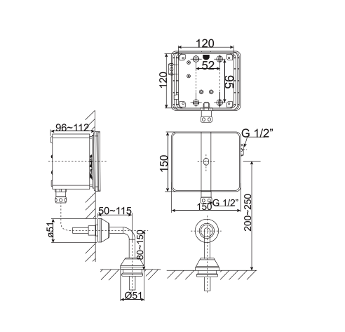 Bản vẽ kỹ thuật van xả tiểu cảm ứng âm tường American Standard WF-8604