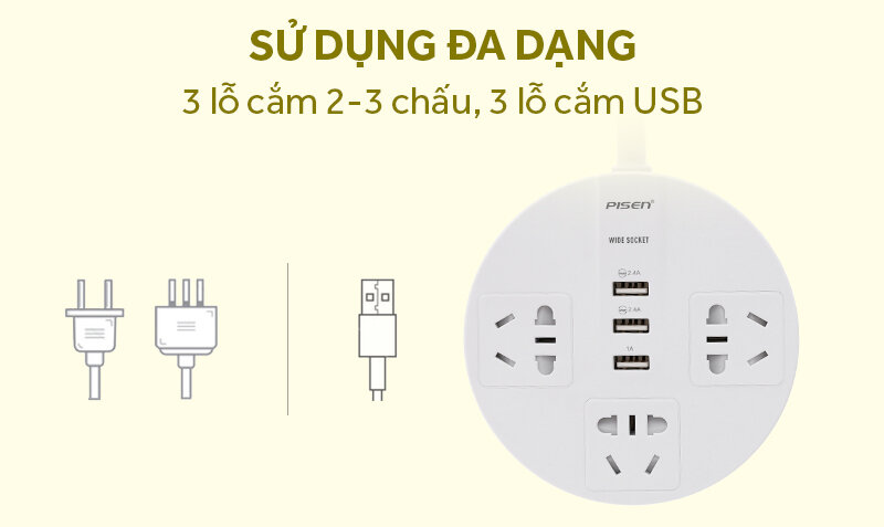Ổ cắm điện 3 lỗ 3 USB 1.8m Pisen KY-33 Trắng Ổ cắm điện 3 lỗ 3 USB 1.8m Pisen KY-33 Trắng