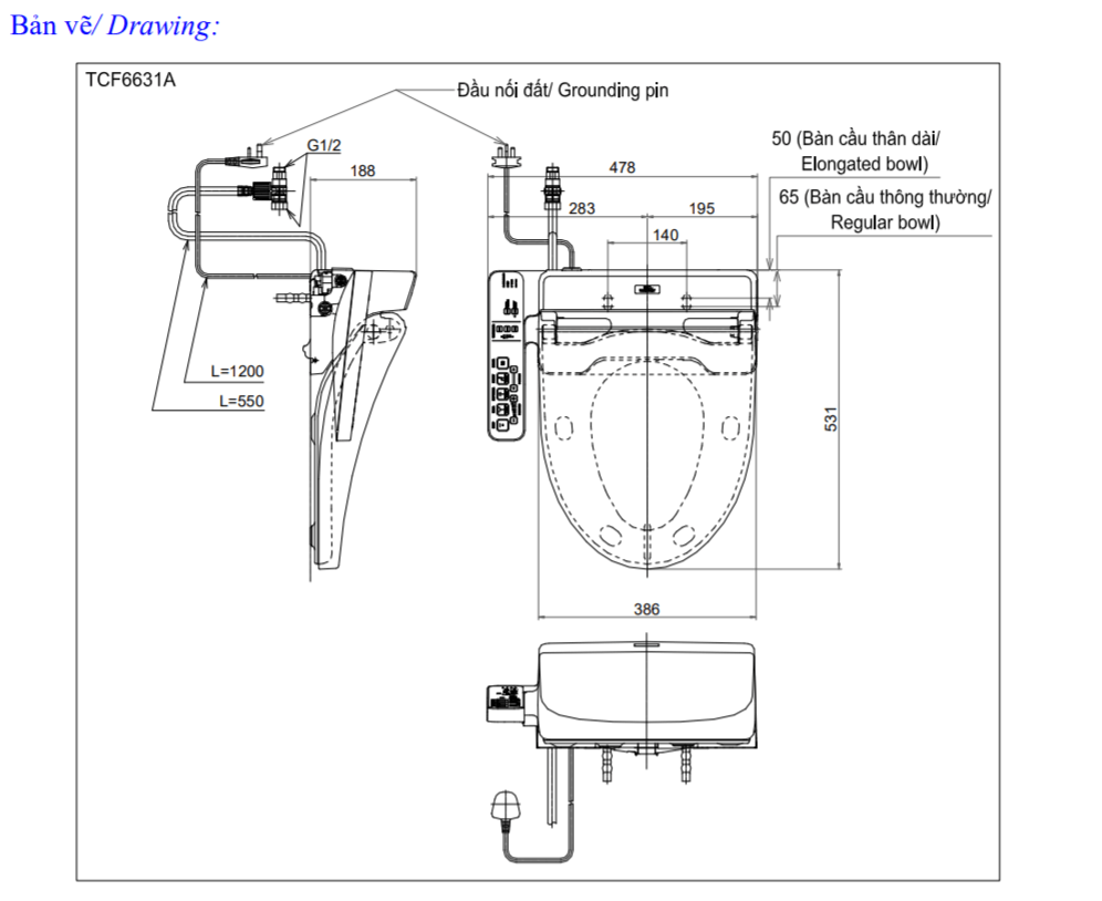 Bản vẽ kỹ thuật nắp bồn cầu TCF6631A