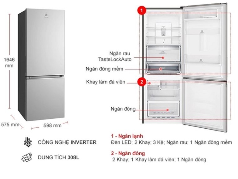 Tủ lạnh Electrolux Inverter 308 lít EBB3402K-H (EBB3402K-A) 2 Dung tích tủ lạnh Electrolux EBB3402K-H (EBB3402K-A) thích hợp gia đình 2-3 người