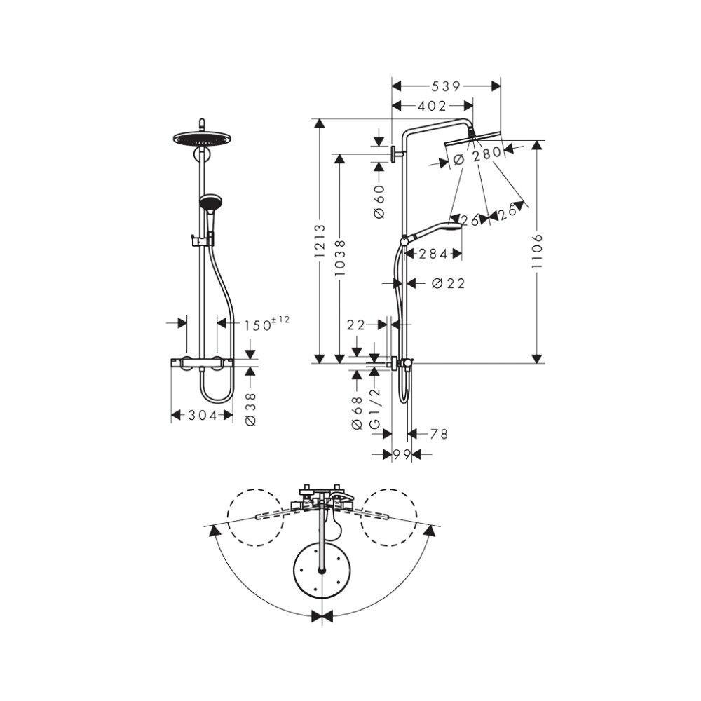 Bản vẽ kỹ thuật của sen cây nhiệt độ Croma Select S 280 Hansgrohe 26790000
