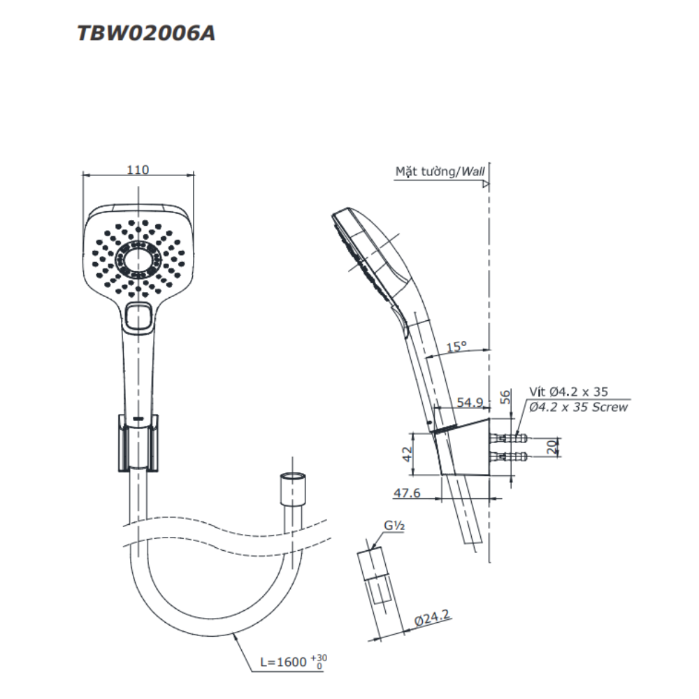 Bản vẽ kỹ thuật bộ sen tắm nóng lạnh TOTO TBS03302V/TBW02006A