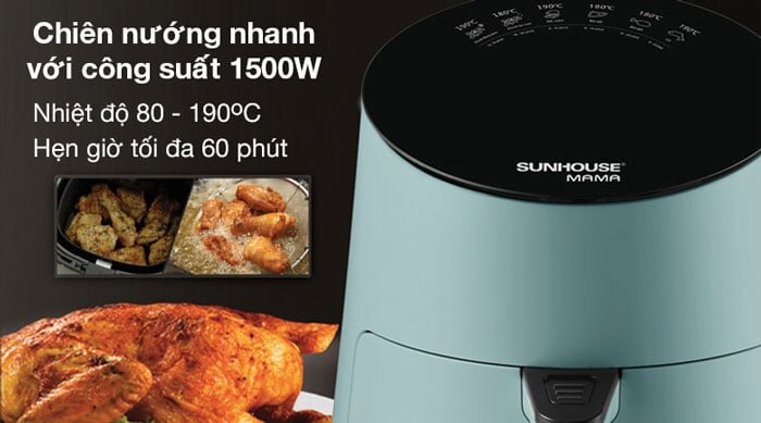 Nồi chiên không dầu Sunhouse Mama SHD4085G hoạt động với công suất mạnh mẽ là 1.500W